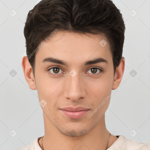 Neutral white young-adult male with short  brown hair and brown eyes