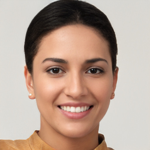 Joyful white young-adult female with short  brown hair and brown eyes