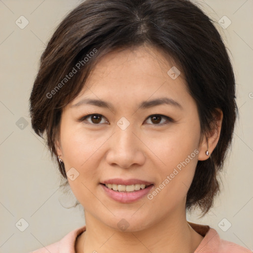 Joyful white young-adult female with medium  brown hair and brown eyes