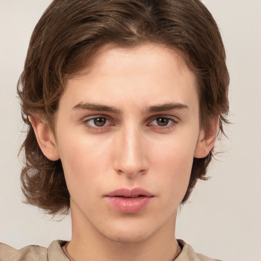 Neutral white young-adult female with medium  brown hair and brown eyes