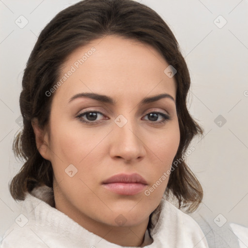 Neutral white young-adult female with medium  brown hair and brown eyes