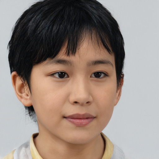 Joyful asian child female with medium  brown hair and brown eyes