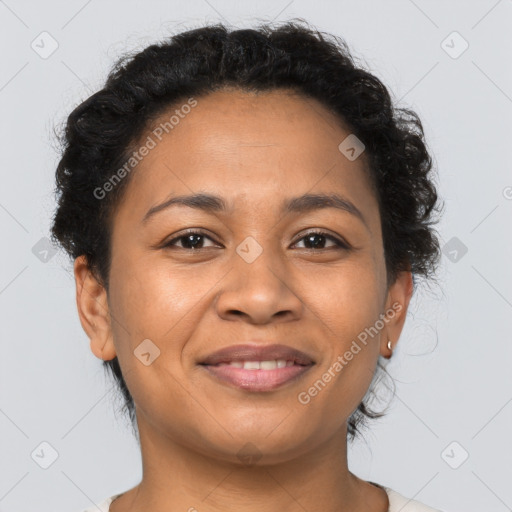 Joyful latino young-adult female with short  brown hair and brown eyes