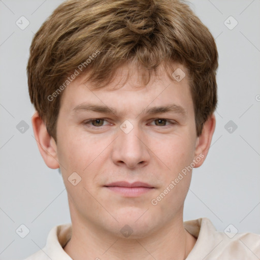 Neutral white young-adult male with short  brown hair and grey eyes