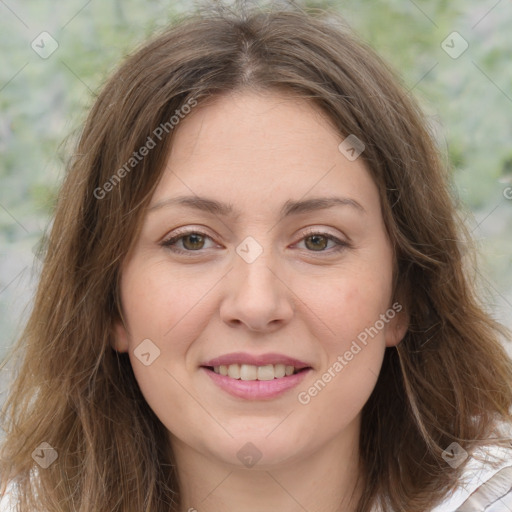 Joyful white young-adult female with medium  brown hair and green eyes