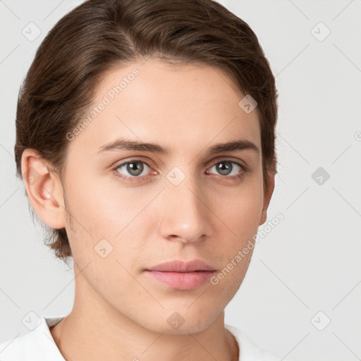 Neutral white young-adult female with short  brown hair and brown eyes