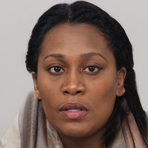 Neutral black young-adult female with long  brown hair and brown eyes