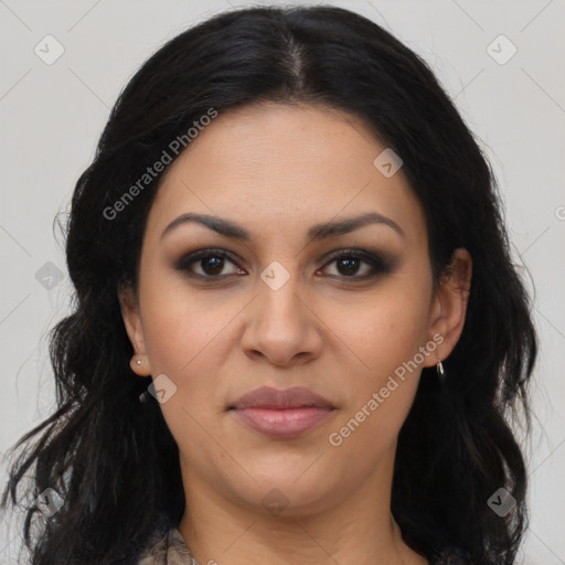 Joyful latino young-adult female with long  brown hair and brown eyes