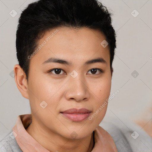 Joyful latino young-adult female with short  brown hair and brown eyes