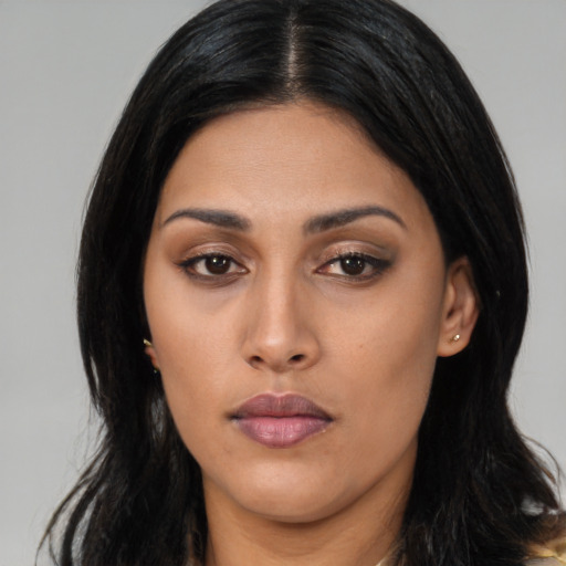 Neutral asian young-adult female with long  black hair and brown eyes