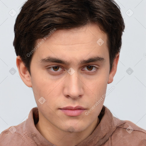 Neutral white young-adult male with short  brown hair and brown eyes