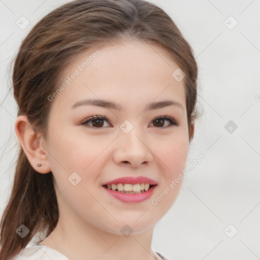 Joyful white child female with medium  brown hair and brown eyes