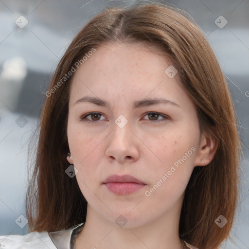 Neutral white young-adult female with medium  brown hair and brown eyes