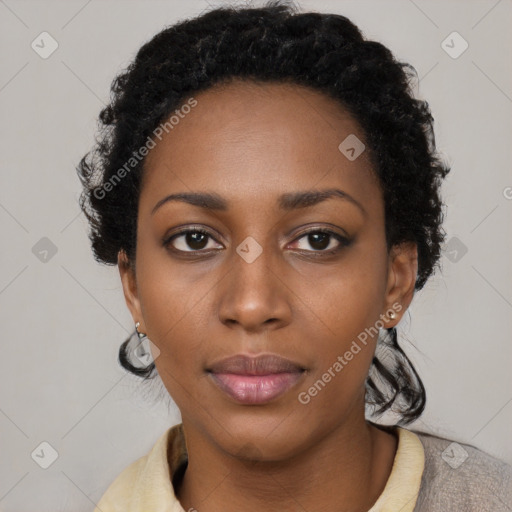 Neutral black young-adult female with short  black hair and brown eyes