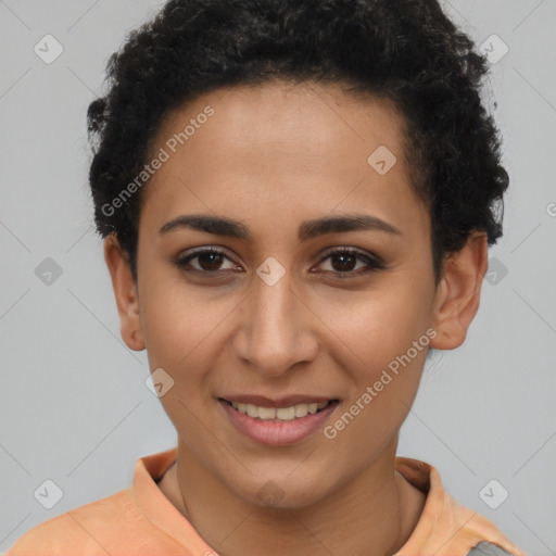 Joyful latino young-adult female with short  brown hair and brown eyes