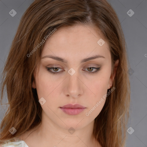 Neutral white young-adult female with medium  brown hair and brown eyes