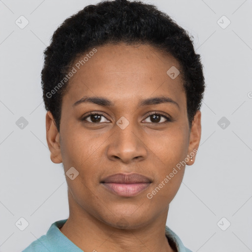 Joyful black young-adult female with short  black hair and brown eyes