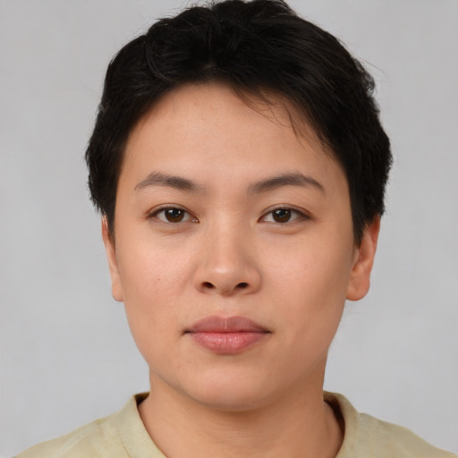 Neutral asian young-adult female with short  brown hair and brown eyes