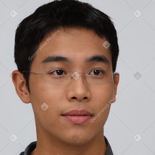 Neutral asian young-adult male with short  brown hair and brown eyes