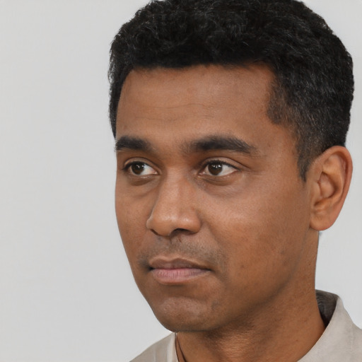 Neutral black young-adult male with short  black hair and brown eyes