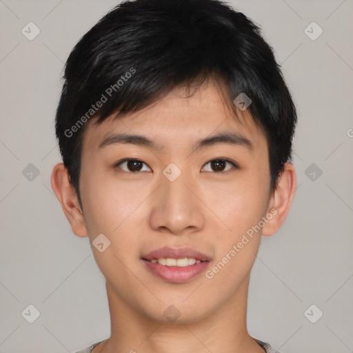 Joyful asian young-adult male with short  brown hair and brown eyes