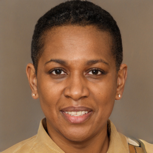 Joyful latino adult female with short  brown hair and brown eyes