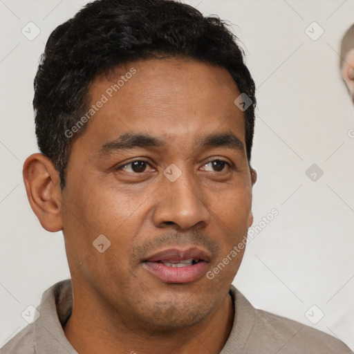 Neutral latino adult male with short  brown hair and brown eyes