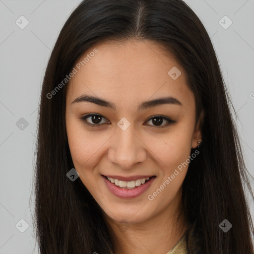 Joyful latino young-adult female with long  brown hair and brown eyes