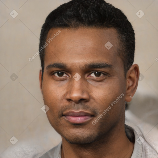 Neutral black young-adult male with short  black hair and brown eyes