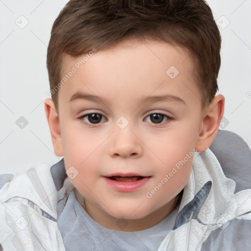 Joyful white child male with short  brown hair and brown eyes