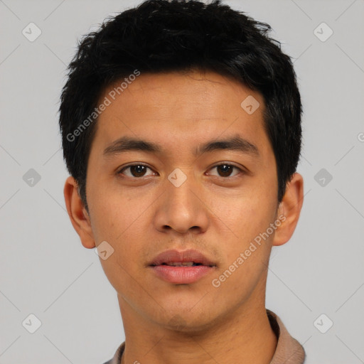 Neutral asian young-adult male with short  black hair and brown eyes