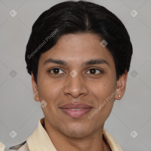 Joyful latino young-adult female with short  brown hair and brown eyes