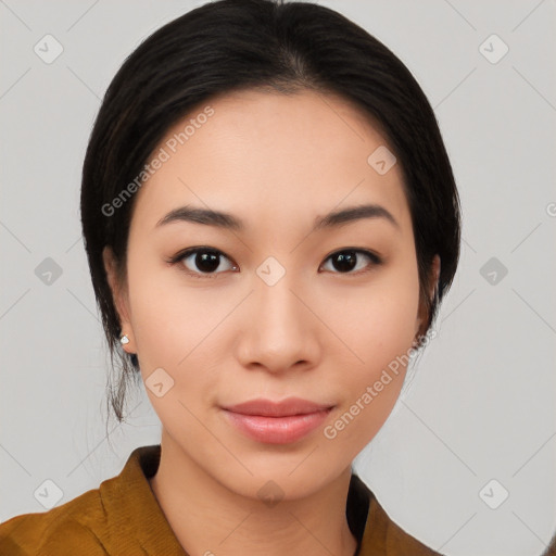 Joyful latino young-adult female with medium  black hair and brown eyes