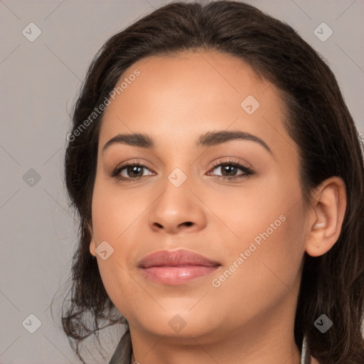 Joyful white young-adult female with long  brown hair and brown eyes