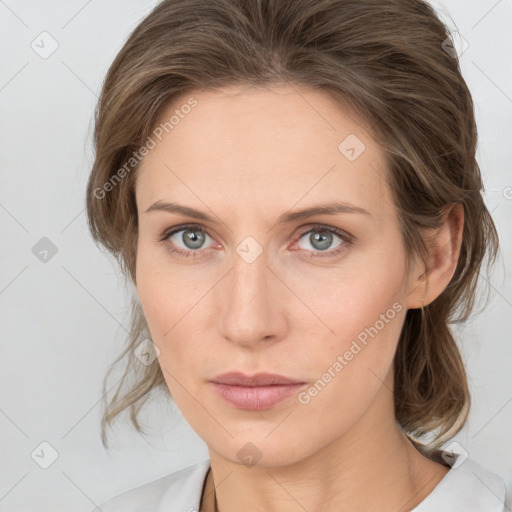 Neutral white young-adult female with medium  brown hair and grey eyes