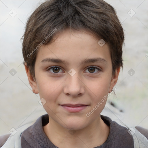 Joyful white child female with short  brown hair and brown eyes