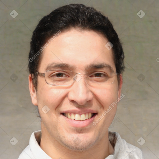 Joyful white adult male with short  brown hair and brown eyes