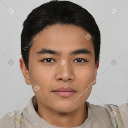 Joyful asian young-adult male with short  black hair and brown eyes