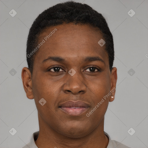 Joyful black young-adult male with short  brown hair and brown eyes