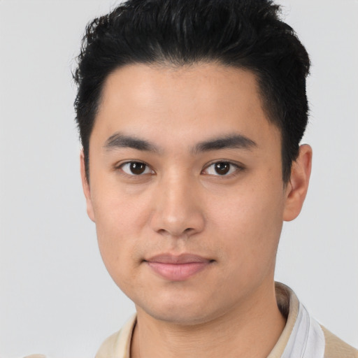 Neutral asian young-adult male with short  black hair and brown eyes