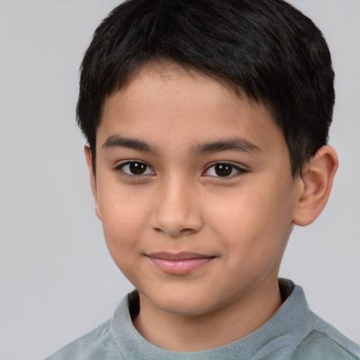 Joyful asian child male with short  brown hair and brown eyes