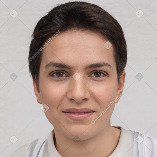 Joyful white young-adult female with short  brown hair and brown eyes