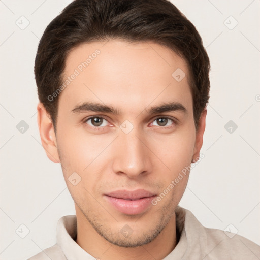 Neutral white young-adult male with short  brown hair and brown eyes