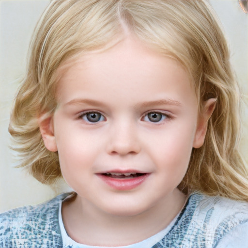 Joyful white child female with medium  brown hair and blue eyes