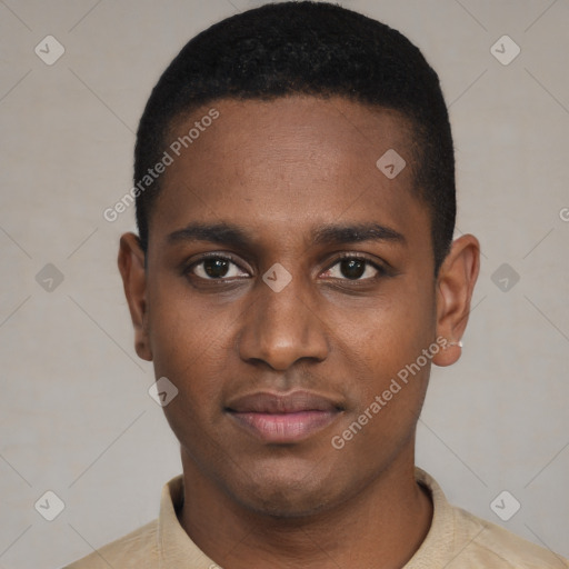 Neutral black young-adult male with short  black hair and brown eyes