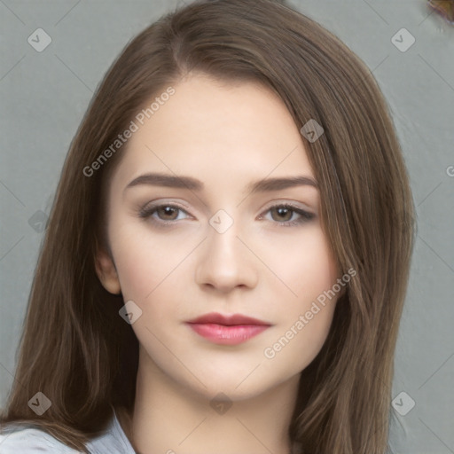 Neutral white young-adult female with long  brown hair and brown eyes