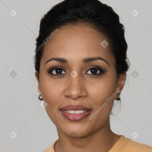 Joyful latino young-adult female with short  black hair and brown eyes