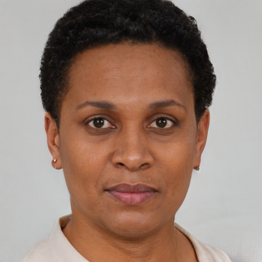 Joyful black young-adult female with short  brown hair and brown eyes