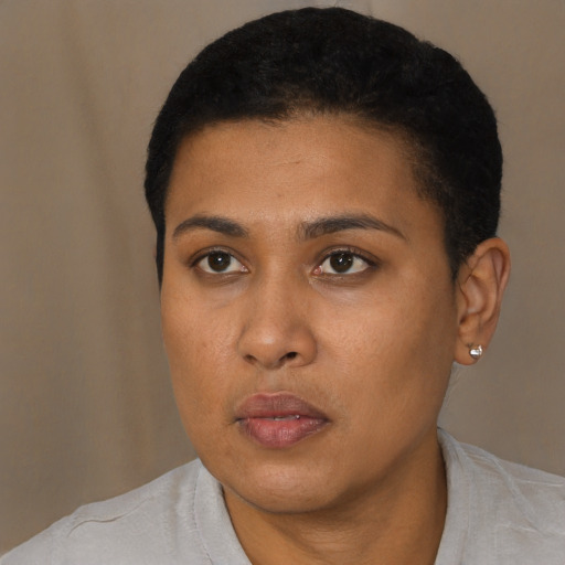 Neutral black young-adult female with short  black hair and brown eyes