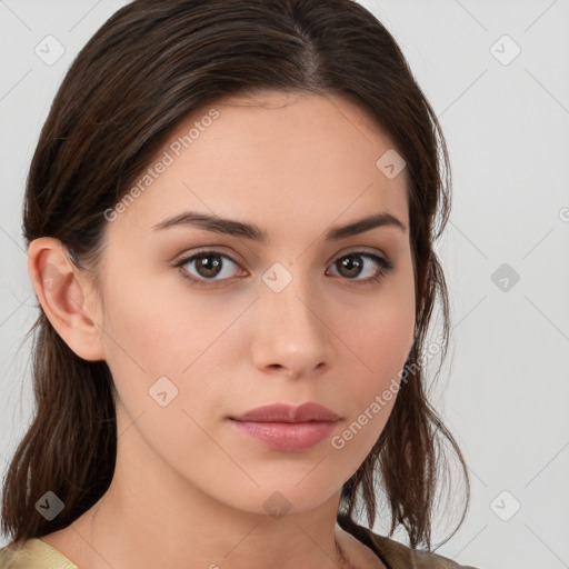 Neutral white young-adult female with medium  brown hair and brown eyes